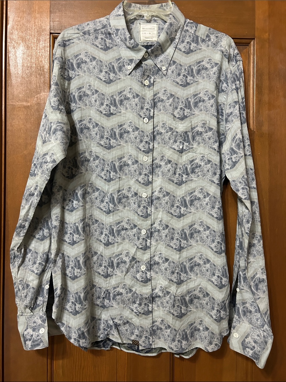 Billy Reid Grey Chevron Wave Jacquard Button Down Shirt Standard Cut XL